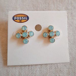 Fossil Cross- X Turquoise Tone Faceted Gold Tone Post Earrings